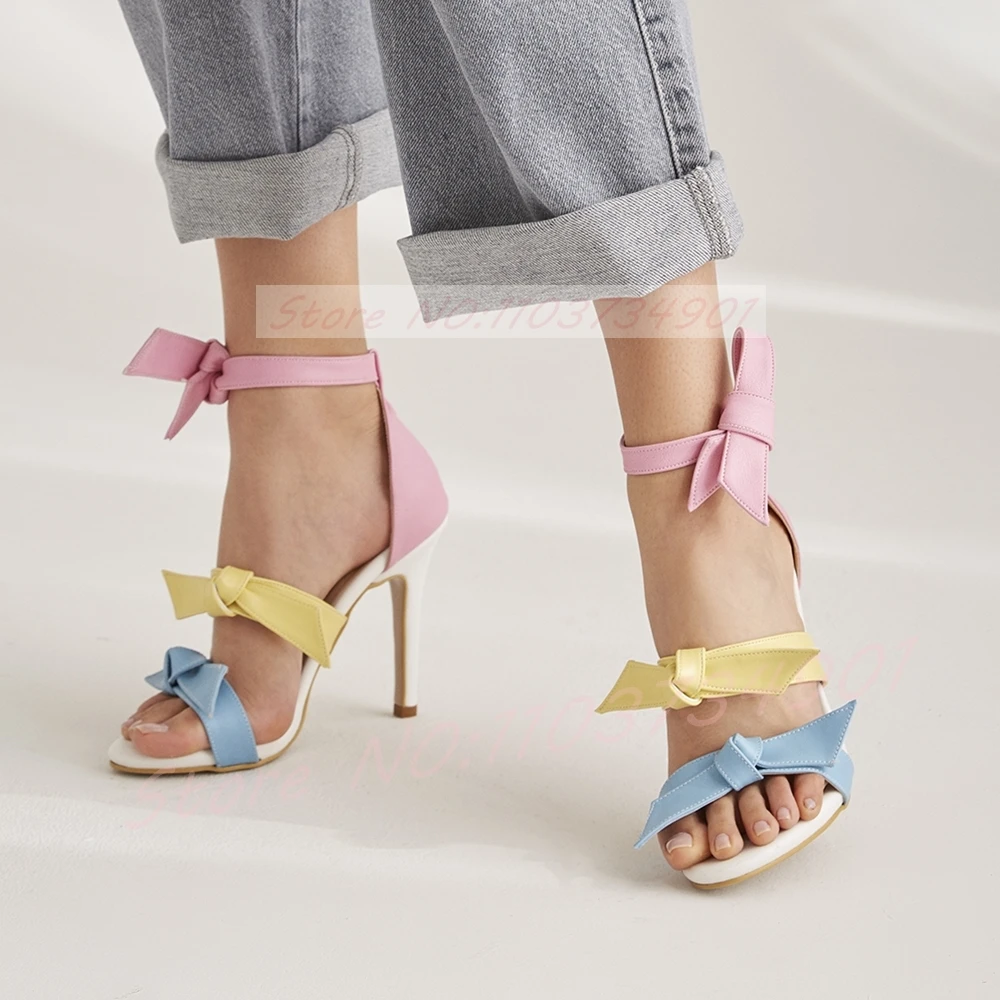 Three-Stripe Ribbon Colorful Sandals Women Knot Round Toe Ankle Strap Stiletto Sandals Fashion Cute High Heels Shoes