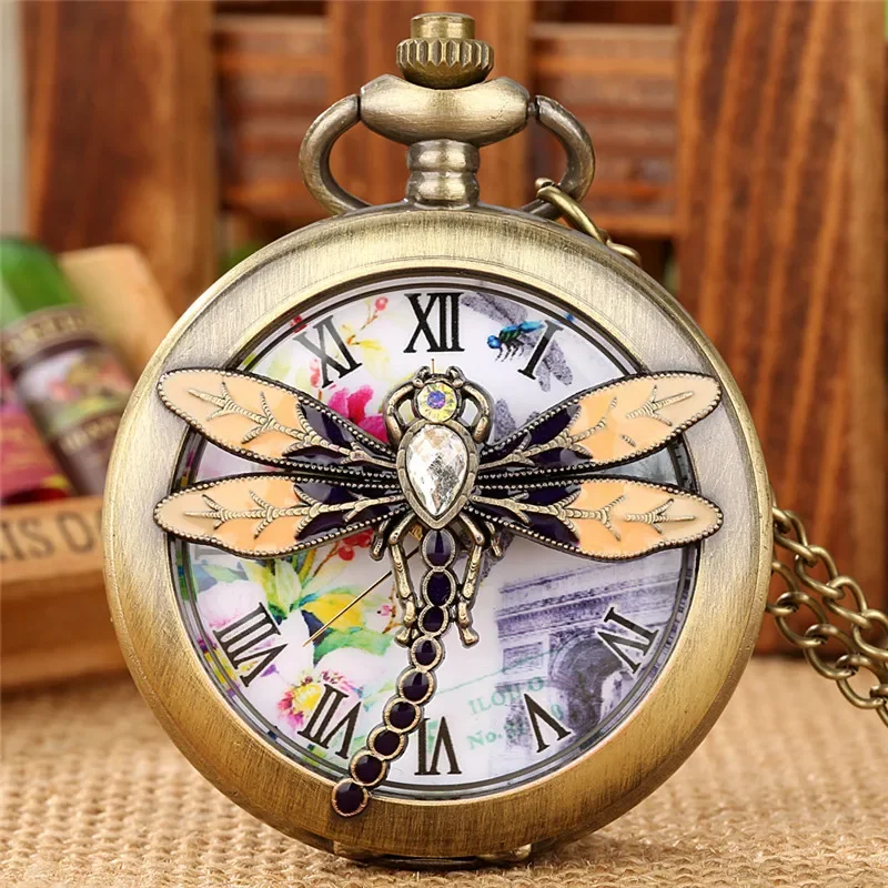Antique Style Hollow Out Dragonfly Design Unisex Quartz Pocket Watch Roman Numeral Display Necklace Pendant Chain Gift Clock