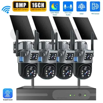 4K 8MP Dual Lens Solar PTZ Camera System with 16CH 5MP WiFi NVR Wireless Outdoor Security Camera Kit Built-In Battery PIR Human Detection Siren Alarm Two Way Audio Color Night Vision IP66 Weather Resistant Remote App Viewing CCTV Surveillance System