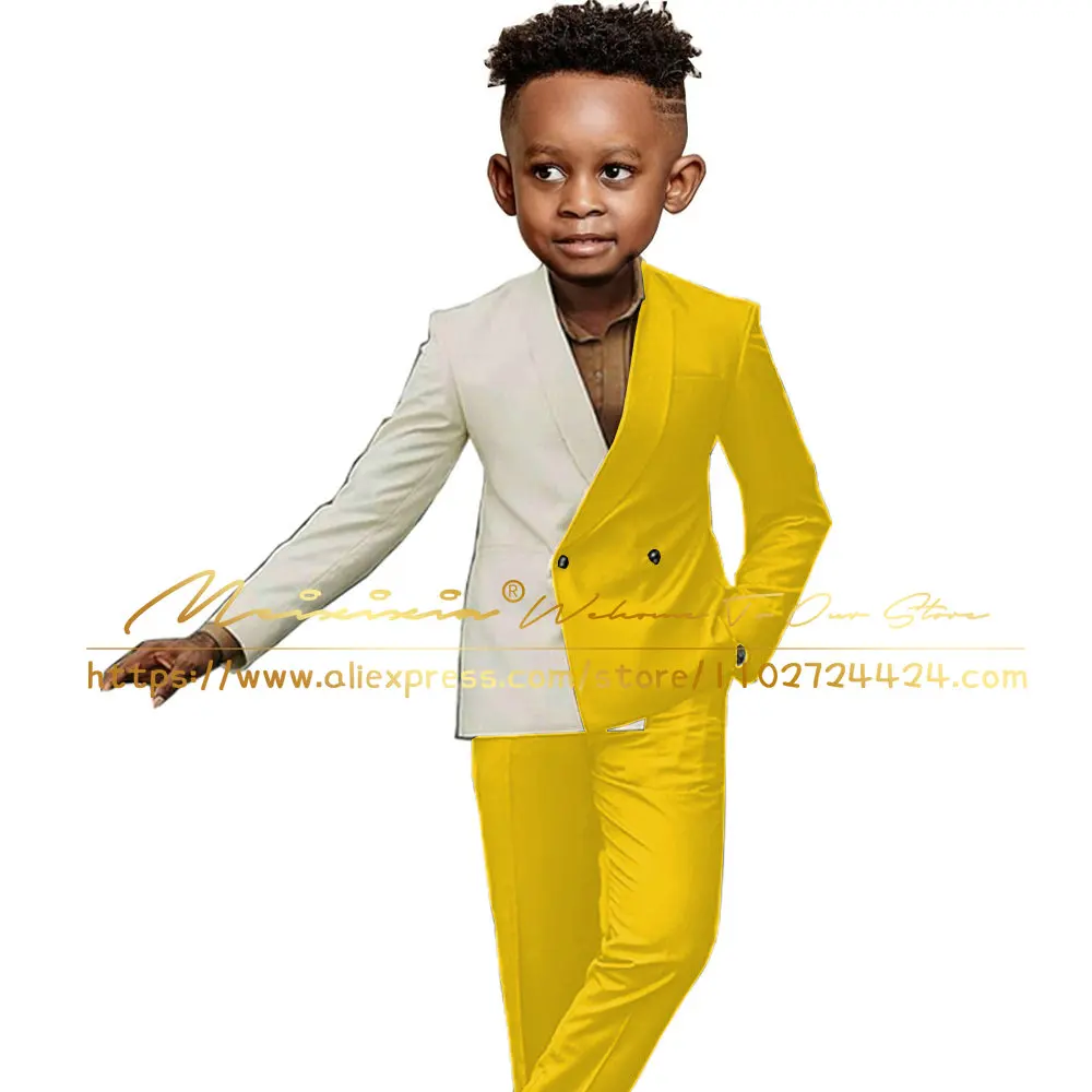 Children's Suits Ivory Yellow Double Breasted Outfit Flower Boys Formal Wedding Groom Tuxedo Suit Blazer Pants 2Pcs 2-16T