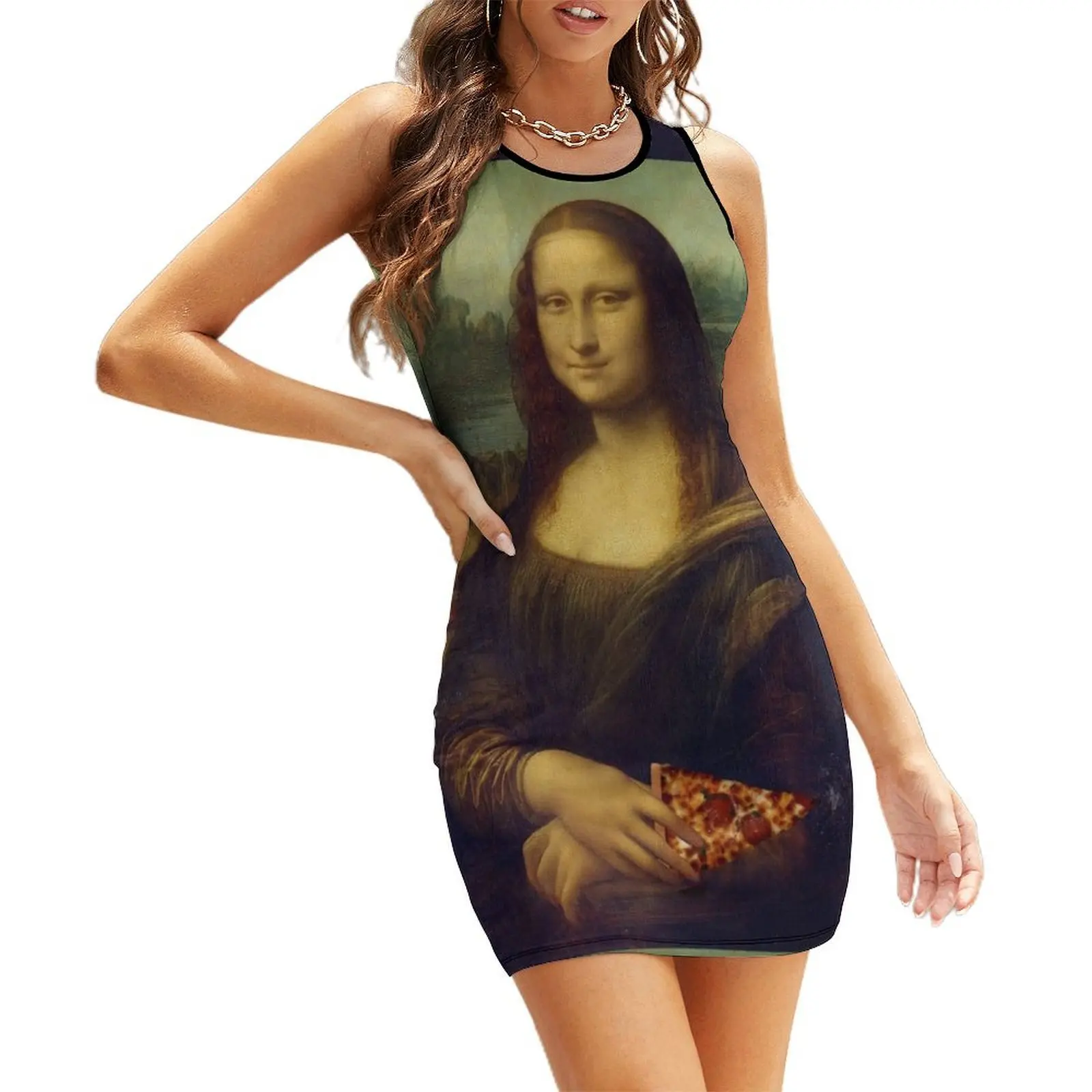 

Mona Lisa with a Piece of Pizza Sleeveless Sundress Clothing female women party dresses women's clothing trend 2025
