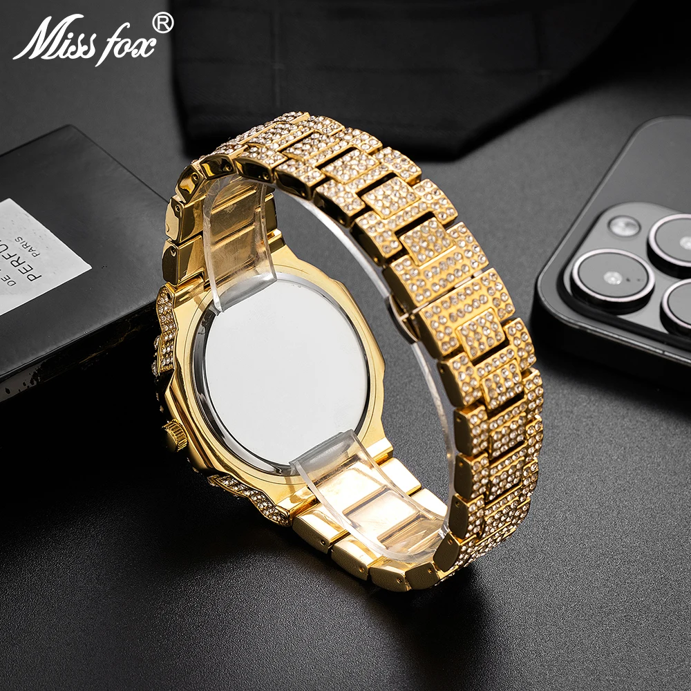 MISSFOX Iced Out Men Wristwatch Luxury Fashion Gold Quartz Watches Hip Hop High Quality Waterproof  Male Diamond Clock New Gift