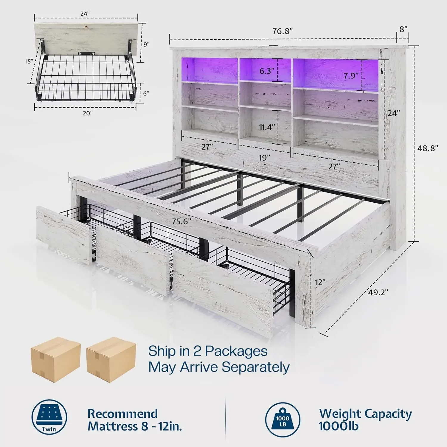 [XMSJ-مخزون محدود، اشتر الآن! ]سرير نهاري مزدوج مع لوح أمامي لخزانة الكتب، وشحن USB-C، وأضواء RGB و3 أدراج، لا حاجة إلى صندوق زنبركي