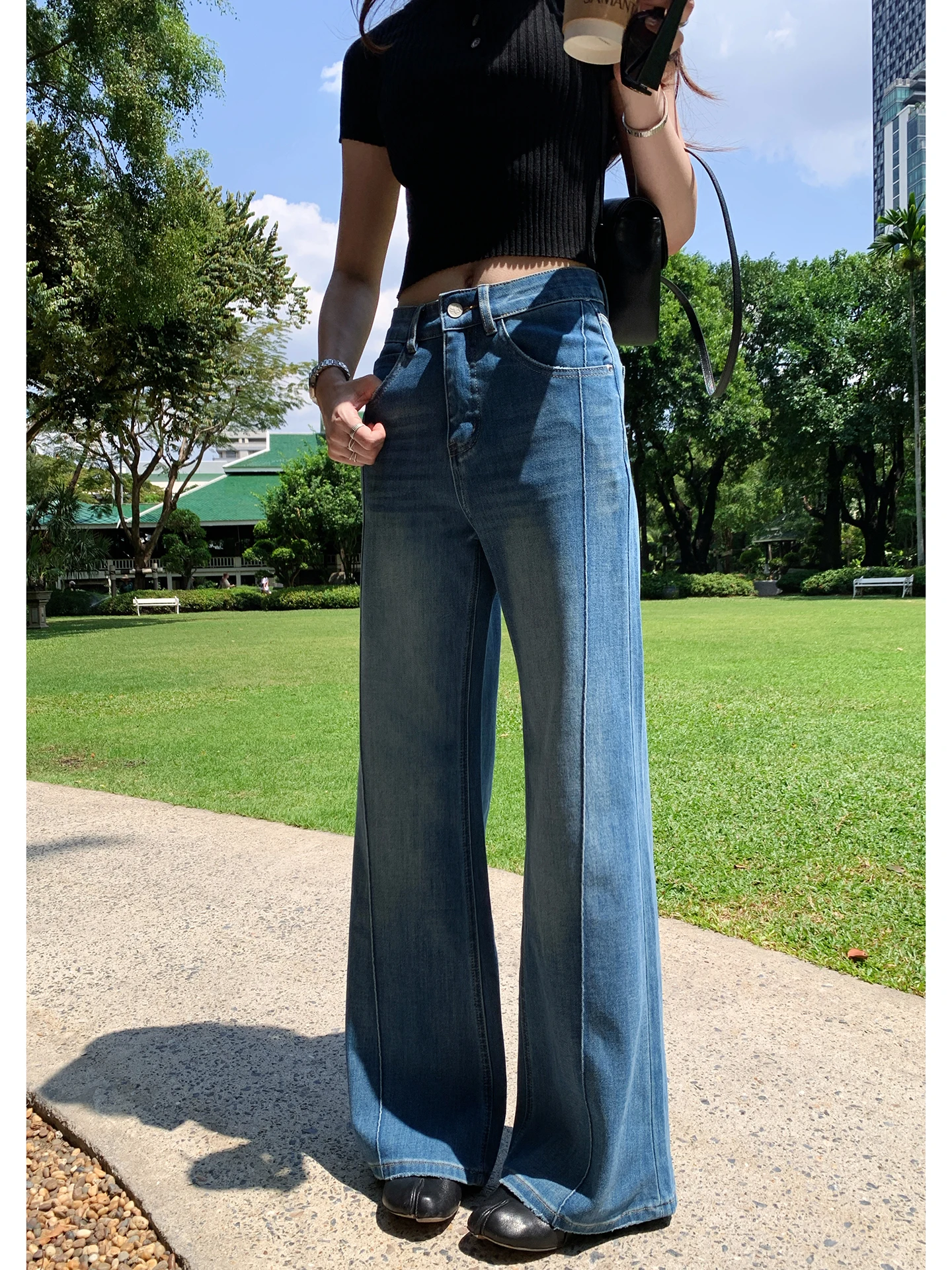 

Джинсы EKOOL с высокой талией и широкими штанинами для женщин, летние, свободные, универсальные, стройнящие, длинные брюки, мягкие, дышащие, однотонные