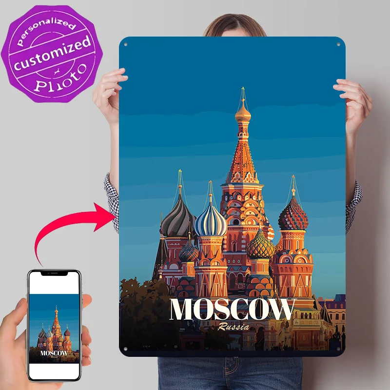 Moscow Russia Travel 3D Printed Texture Poster Personalized Wall Art Retro Metal Tin Signs for Decor Luxury Bar Accessories Home
