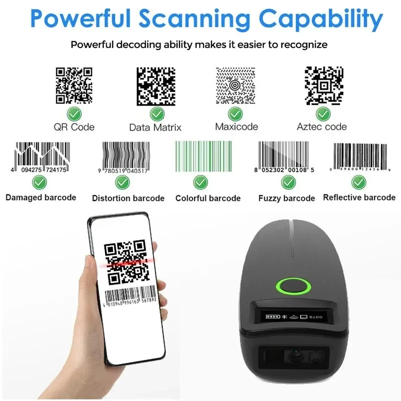 2D Barcode Scanner Bluetooth 2.4G Wireless 1D 2D QR Code Mini Handheld Portable Pocket Reader IOS Android PC for Mobile Payment