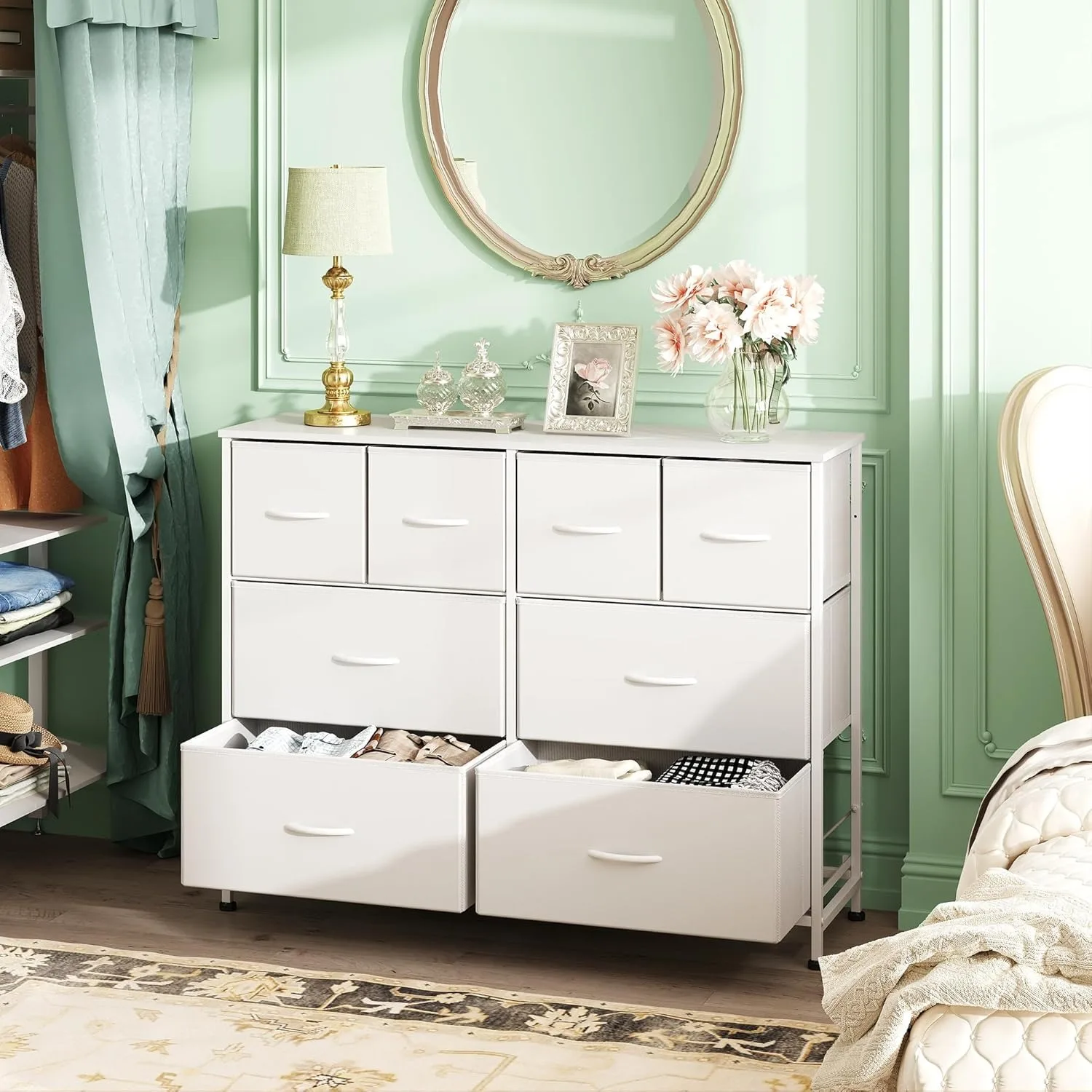 Dressoir voor slaapkamer met 8 lades, brede stoffen dressoir voor opslag en organisatie, slaapkamerdressoirs, ladekast, wit