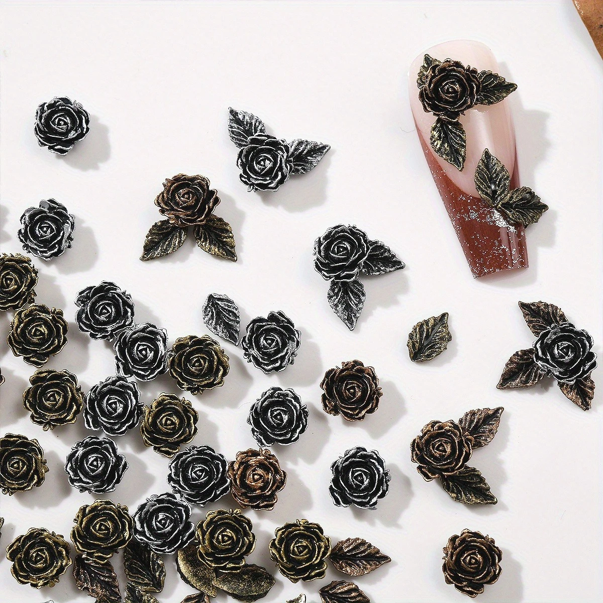 50 個樹脂黒花葉ローズネイルアートアクセサリーヴィンテージネイルデコレーション電話ケースヘアピン Diy アクセサリー装飾