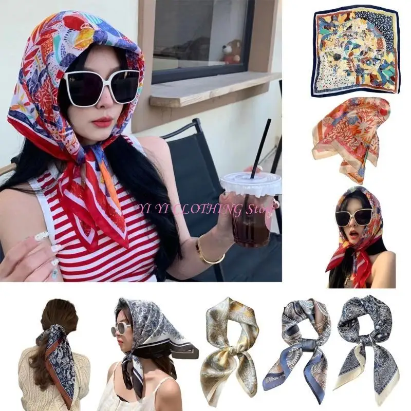 

N5KF Elegant Square Head Scarf Flower Pattern Bandana Headwrap for Women Daily Wear
