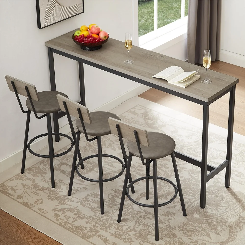 Long Bar Table Set with 3 Comfortable PU Stools Modern Kitchen Dining Rustic Industrial Furniture