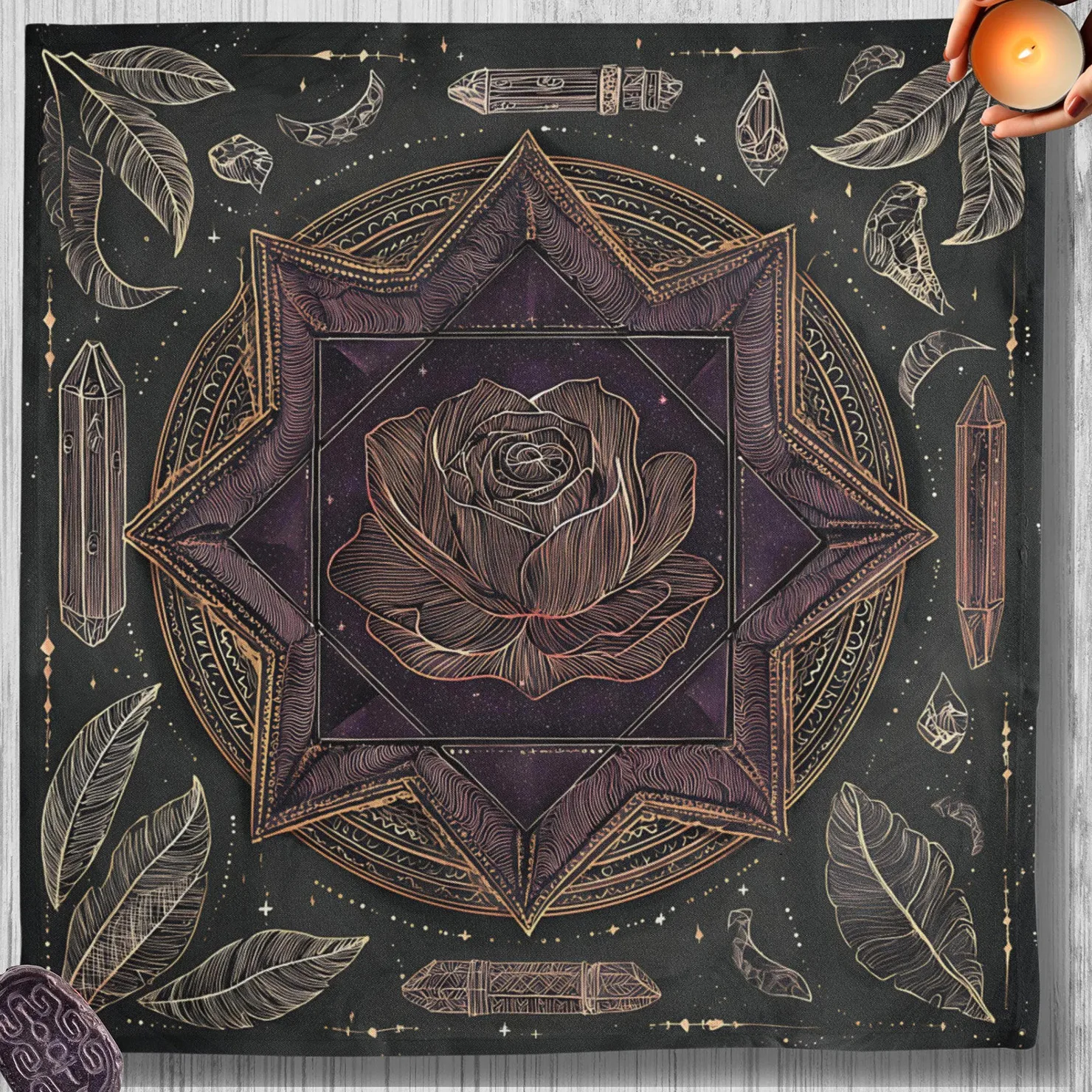 Mystical Rose Pentagram Altar Tablecloth, Witchy Tarot Cloth with Crystals & Moon, Pagan Witchcraft Decor, Occult Divination