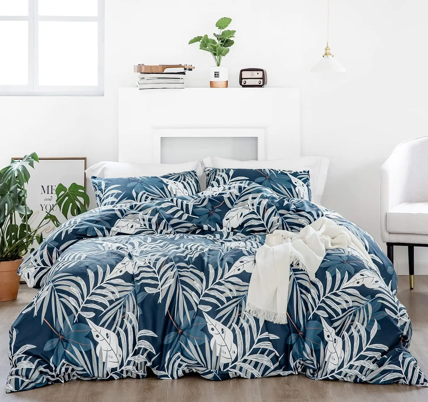 

100% Cotton Tropical Duvet Cover King Size 3 Piece Set with Palm Leaves Print, Soft Breathable Botanical Bedding with Zipper and