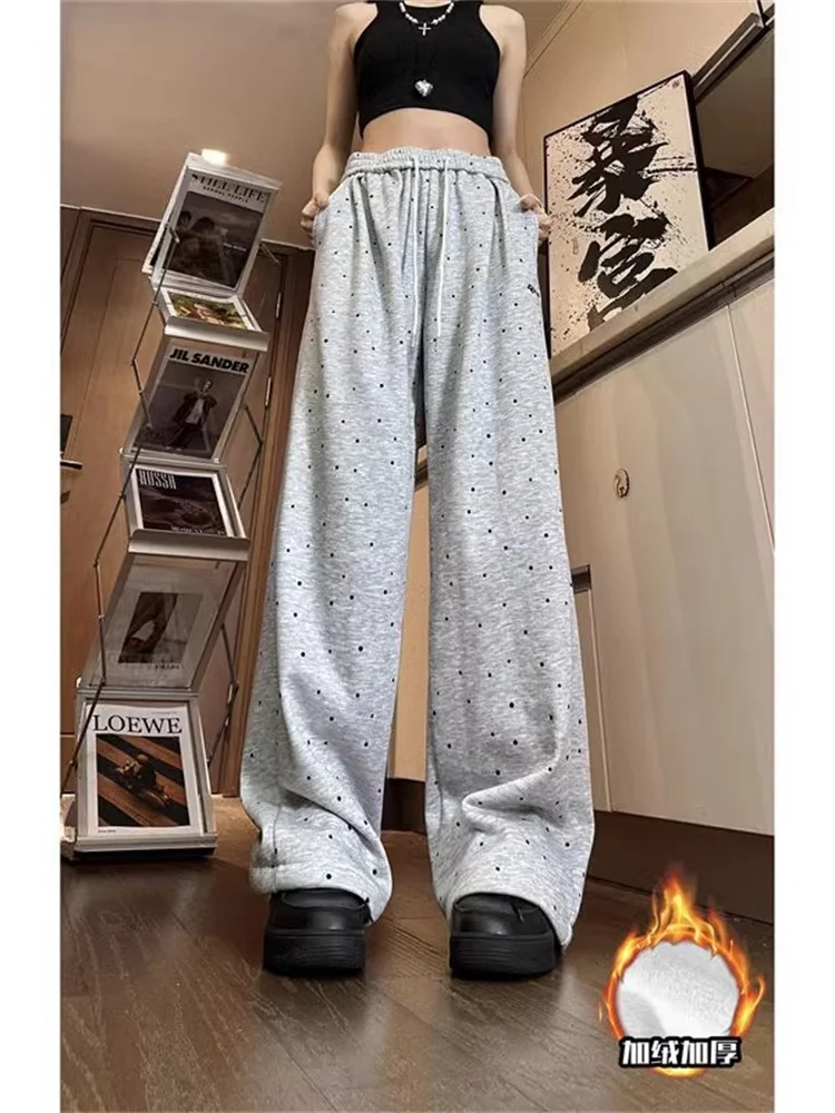 

ay Polka Dot Fce Lined Warm Sweatpants Men's Autumn Winter Sle Lazy Faion High Street Slimming Casual Pants