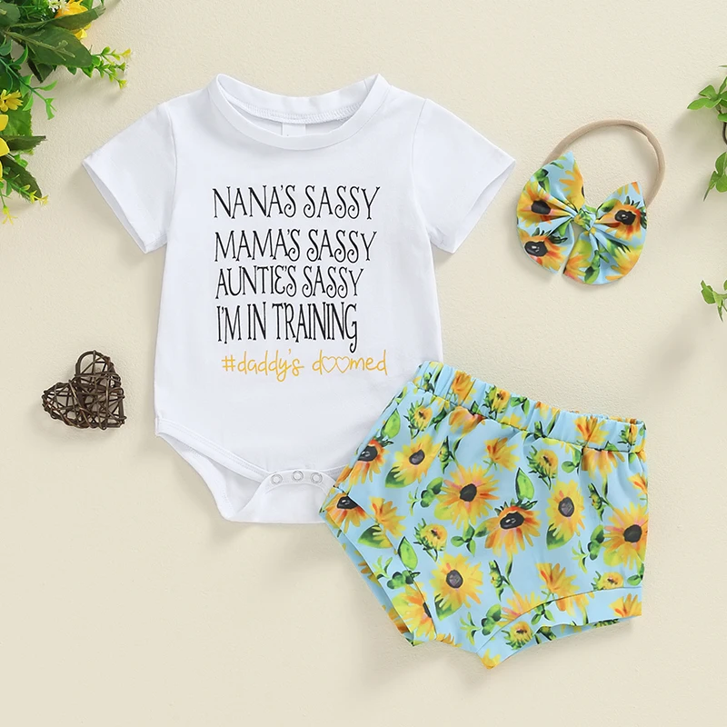 

Baby Girls Shorts Set Short Sleeve Letters Print Romper Flower Shorts with Hairband Summer Outfit