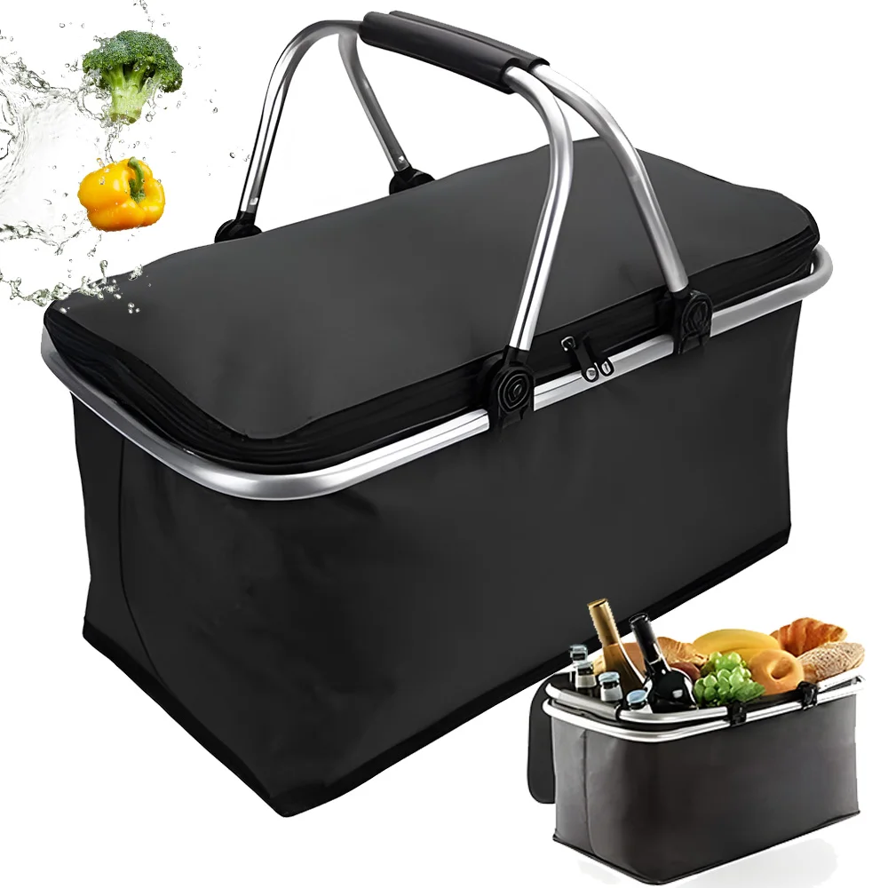 Schwarzer 30L Isolierter Picknickkorb mit Klappgriff, Innentasche für Eis & Getränke, Robuste Stützstruktur, Zusammenklappbares Leichtgewicht-Design für Einkäufe, Camping, Reisen, Familienpicknicks,