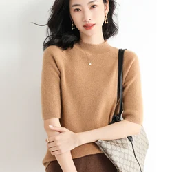 Spring Summer New Three Quarter Sleeve Women Half-high Neck Slim Wool Cotton Blend Pullover T-shirt Casual Knitted Base Sweater