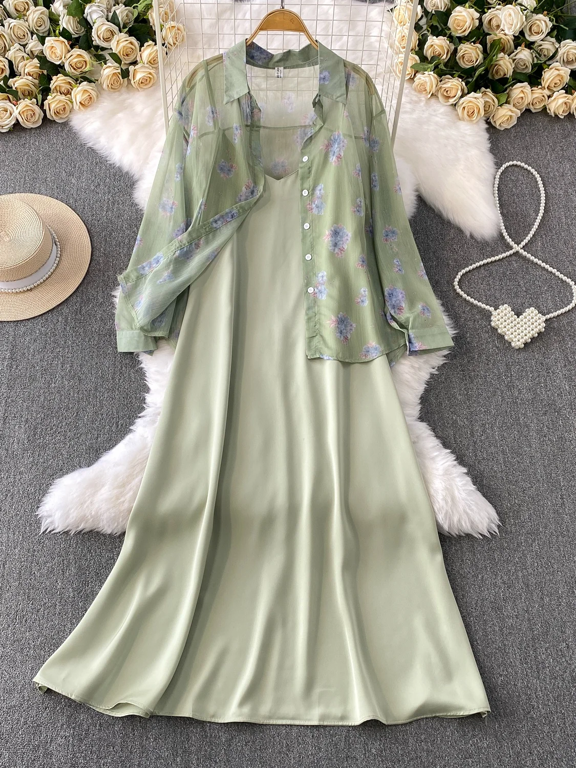 Biru Muda Motif Bunga Panjang Sve Pelindung Matahari Irt Jaet Satin Longgar Pelangsing Panjang Dr Dua Potong Set untuk Wanita Muda