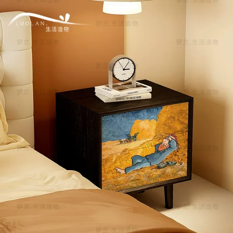 Modern Minimalist Bedside Table Van Gogh Wheat Field Design Storage Cabinet for Bedroom Living Room Dining Room Corner Decor