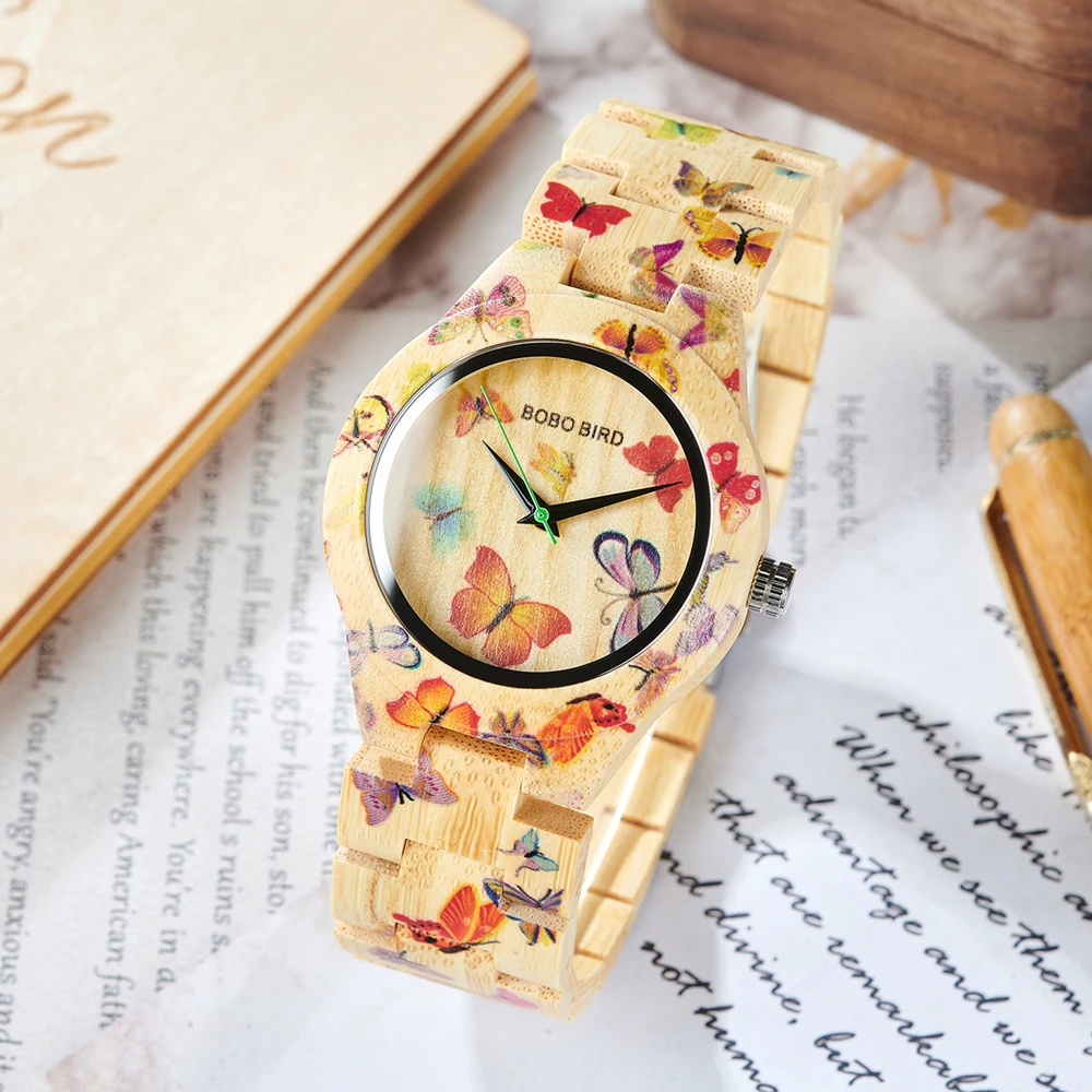 BOBO BIRD Bamboo Watch Women Quartz Wristwatches Lady Timepieces Fashion Butterfly Pattern Watch Gift Dropshipping часы женские