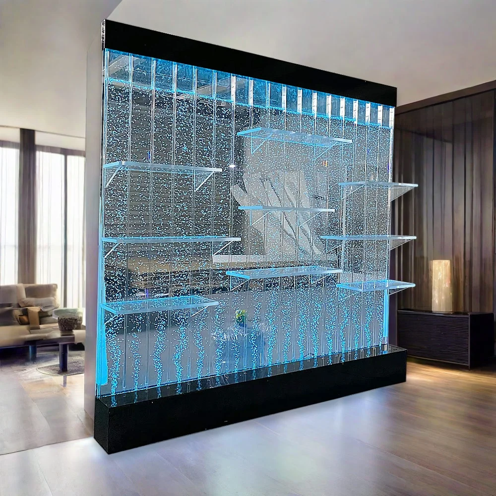 

Home Decor Dancing Acrylic Changing LED Light Floor Standing Water Bubble Wall with Shelves