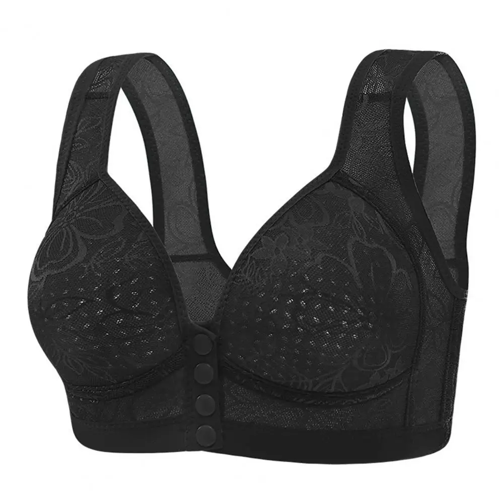 

Mid-aged Women Bra Elastic Front Button Closure Floral Lace Shockproof Push-up Anti-snagging Wireless Mother Daily Bra