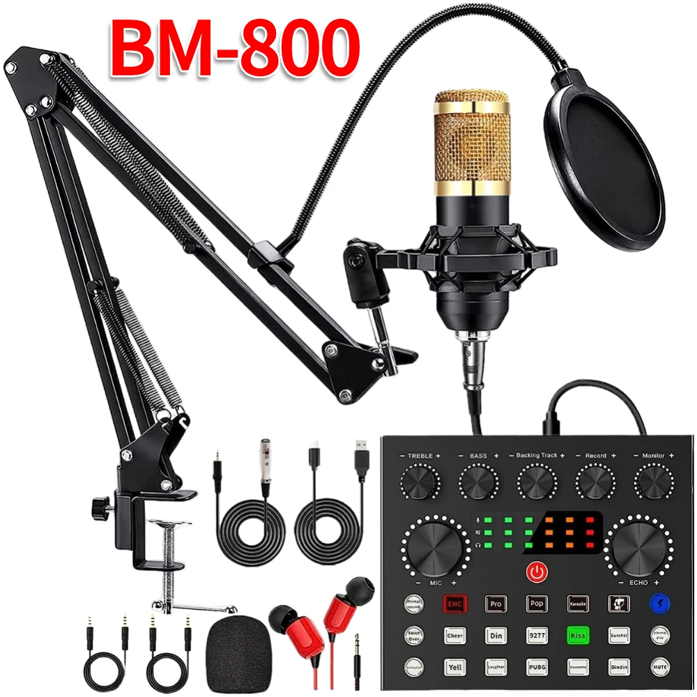 Podcast Equipment Bundle with BM800 Microphone V8 Sound Card Audio Condenser Mic for Recording Broadcasting Live Streaming