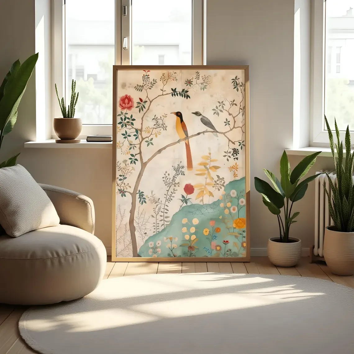 Vintage persisches Kunstposter, traditioneller Vogel- und Blumendruck, botanische Wandkunst, böhmische Dekoration, WallStoryPrintsUK 5, von 5 Jahren