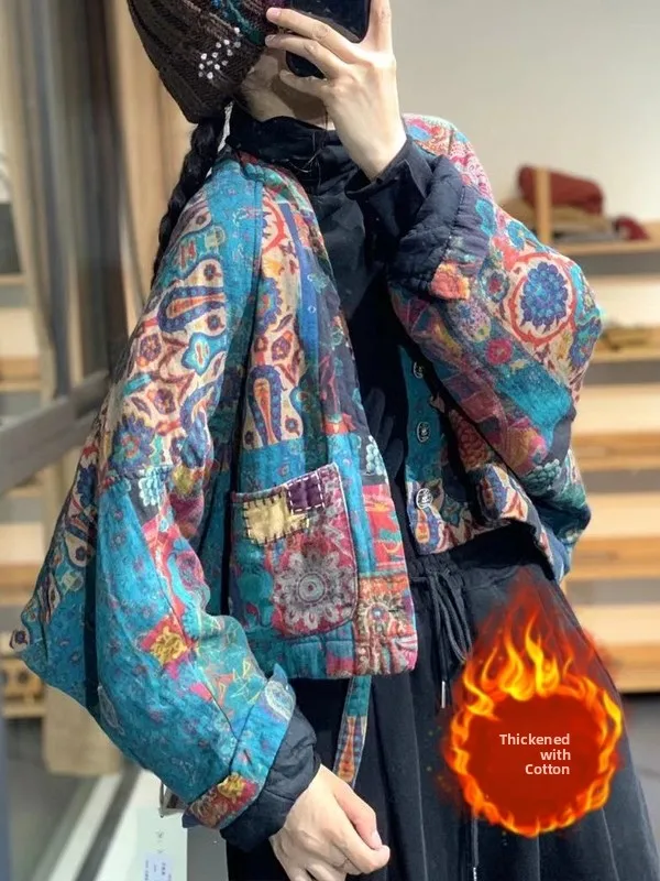 

Thiened ort Cotton Jaet Printed Linen Mixed Cotton Women's Autumn Winter Faion Artistic Sle Coat V-Ne Long Sve