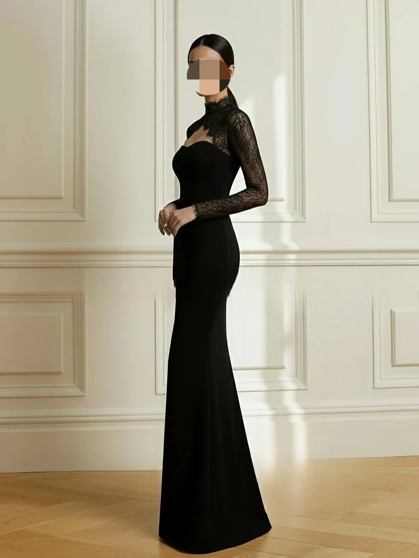 Thinyfull Mermaid Arab Black Prom Dresses Satin/Lace Long Sleeves Evening Party Gown Formal Dress robes de soirée Customized