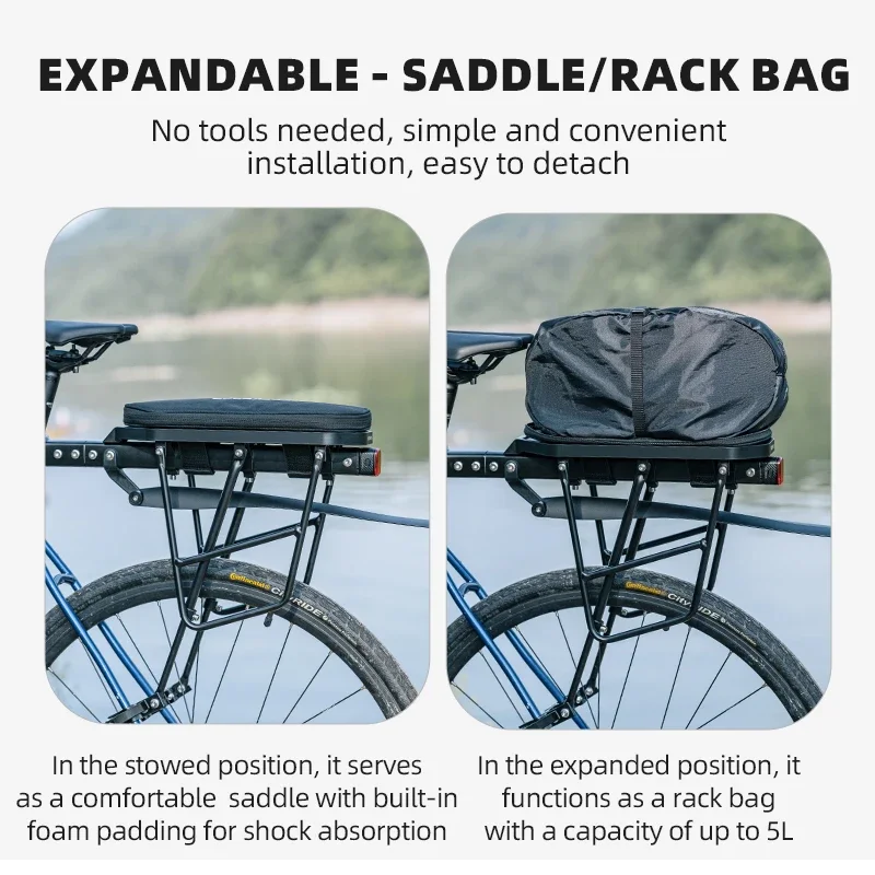 ROCKBROS Multifunctional Rear Seat Bag Universal Saddle Bag Back Rack 5L Capacity Seat Bag Expandable Cycling Luggage Trunk Bags