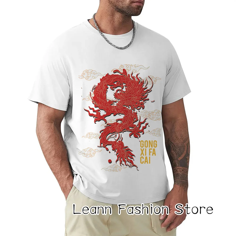 

Chinese Dragon Graphic T-Shirt Men Summer Cotton Tops Tees Male Gong Xi Fa Cai Print Clothing Vintage Camiseta Streetwear