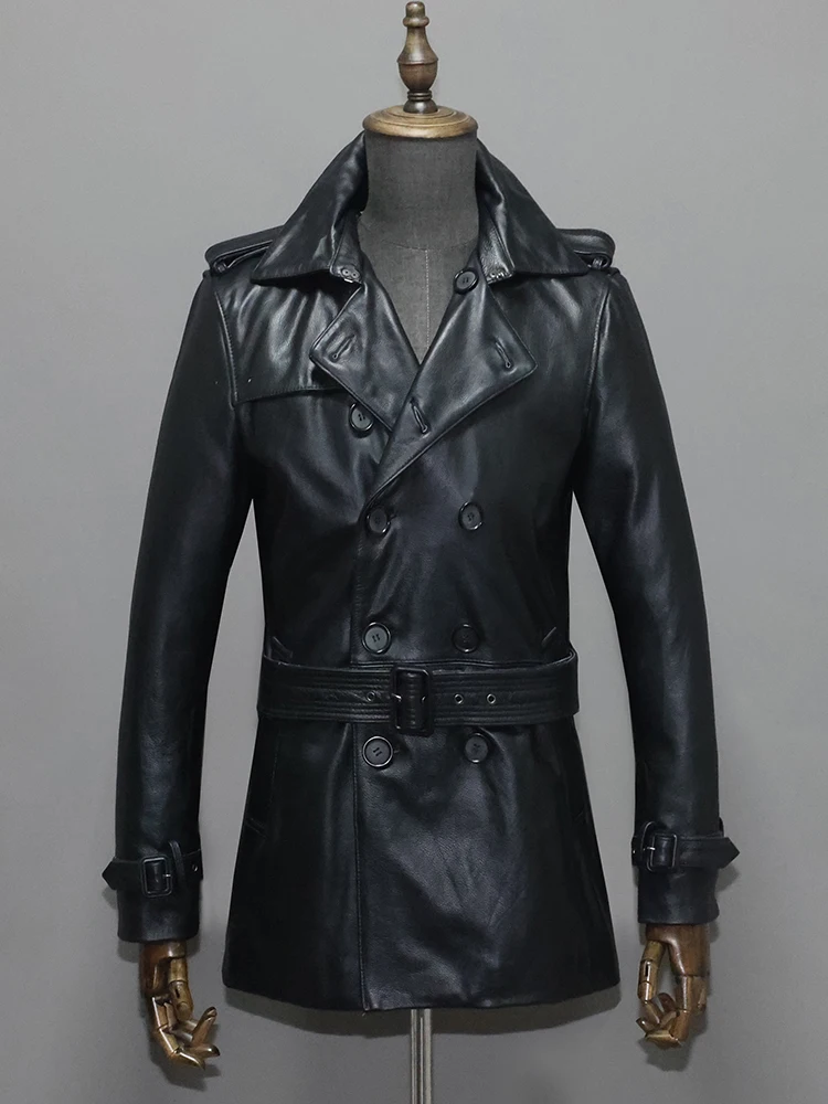 Gabardina de cuero genuino para hombre, chaqueta y abrigo de cuero de vaca, doble botonadura, longitud media, negro, talla grande XXXL, primavera y