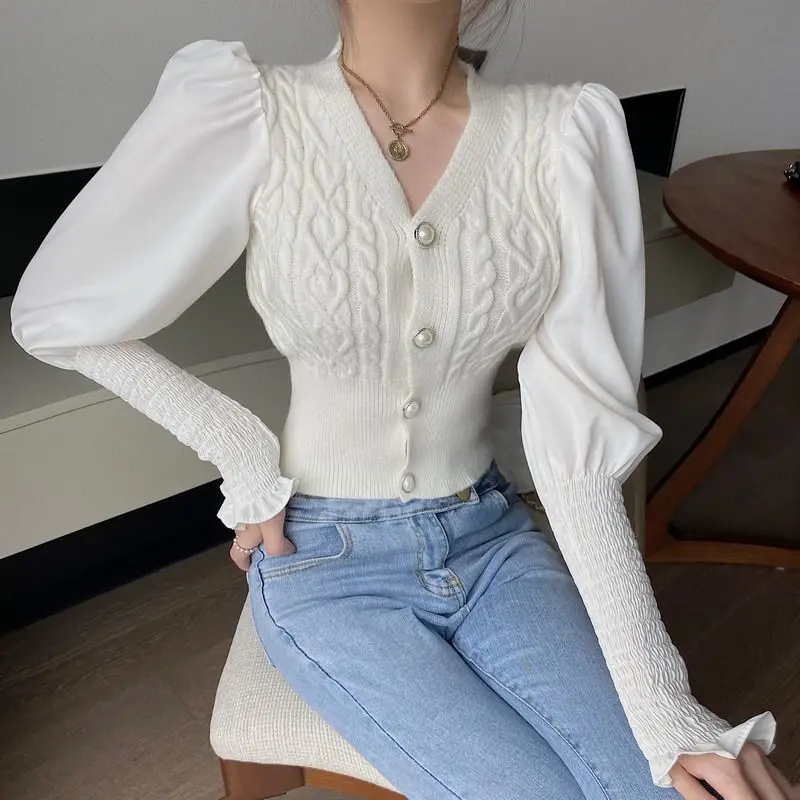 New Trend Sexy Autumn All-match Fashion Puff Sleeve Puff Sleeve Knitting Coat Female Fashionable Buttons Patchwork Trend Top Tee