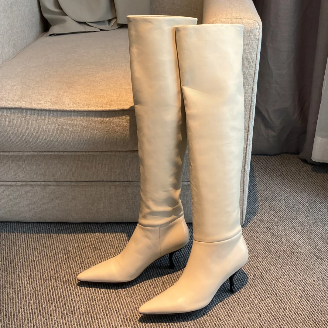 Women's cow leather great PU patchwork slip-on autumn knee high boots sexy ladies thin high heel pointed toe pleated long boots