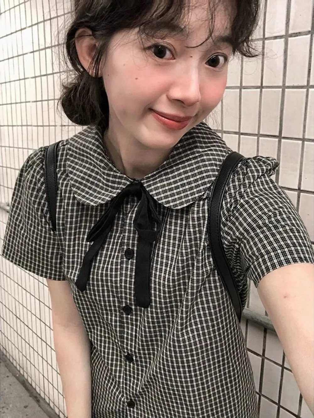 Bow Peter Pan Collar Women's Blouses Plaid Short Sleeve Shirts Japanese Sweet Loose Ropa Mujer College Style Blusas tops