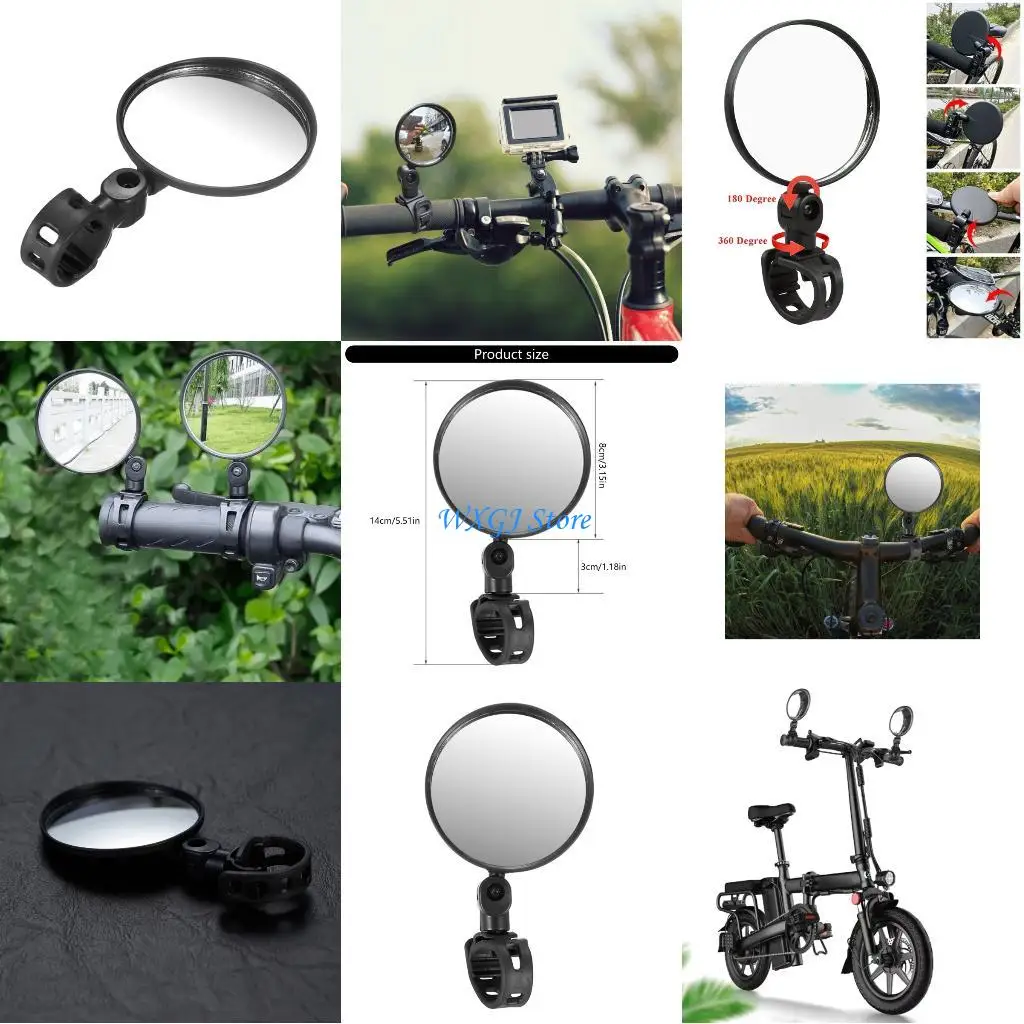 

37JE Easy Install Adjustable Rear View Safety Mirror For Bike Handlebars Distortion Reduced Convex Lens Design