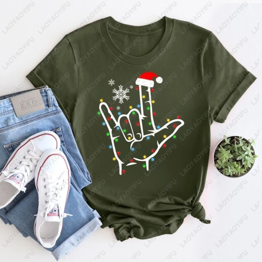 Asl أنا أحبك علامة اليد قبعة عيد الميلاد تي شيرت مطبوع أضواء عيد الميلاد الجرافيك تي شيرت لغة الإشارة هدية للرجال والنساء بلايز #3