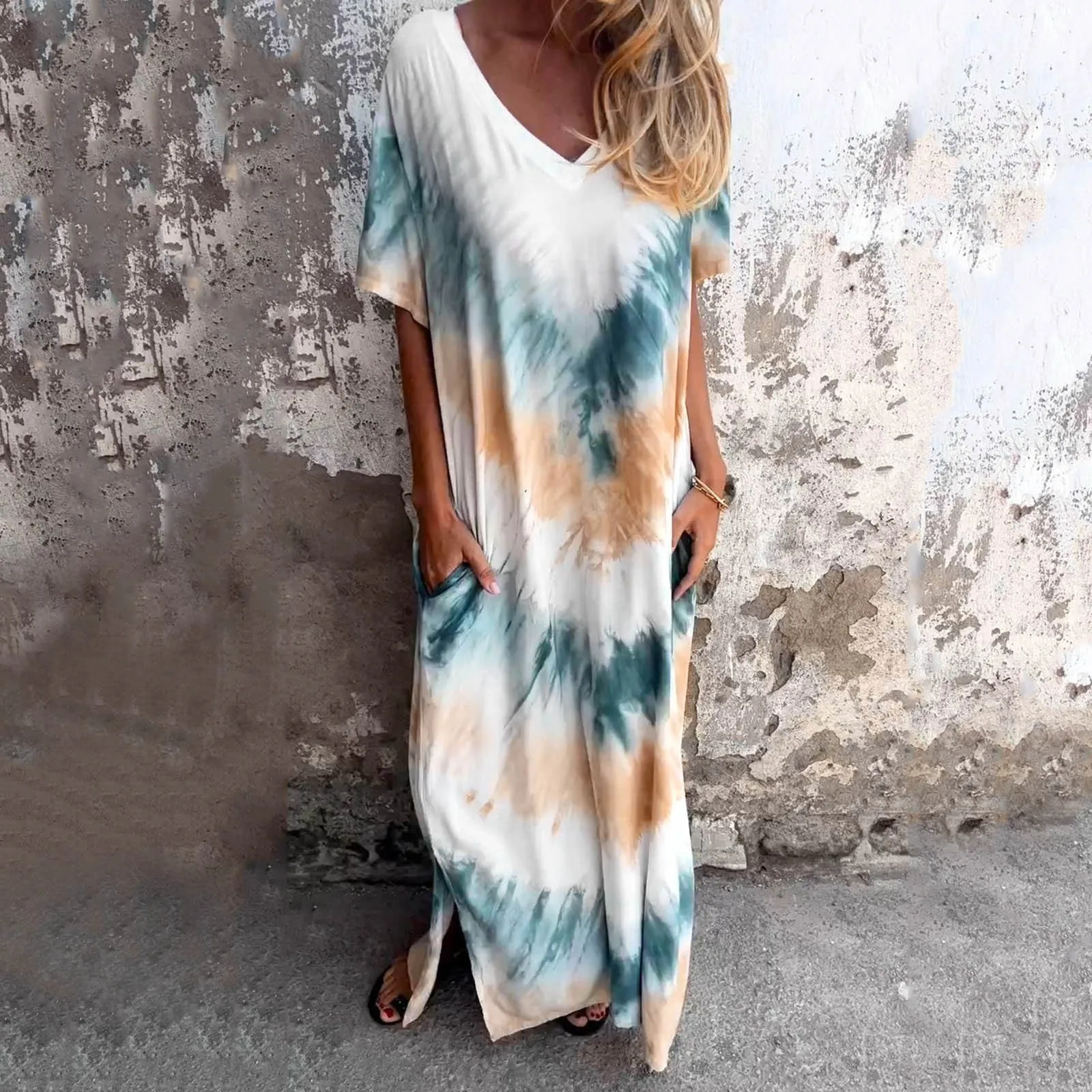 

2024 Summer Casual Loose Maxi Dress For Women Tie Dye V-Neck Short Sleeve Long Dress With Pocket Split Hem Elegant Dress Robe