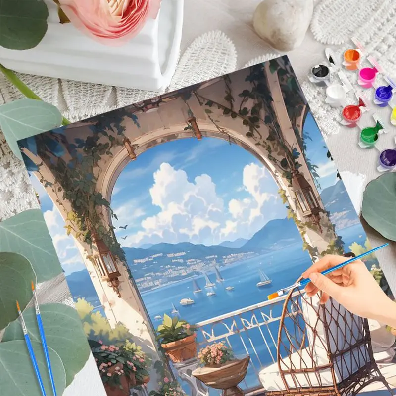 PhotoCustom Diy Painting By Numbers For Adults Seaside Courtyard Acrylic Paint By Number Wall Artwork Home Decor Gift