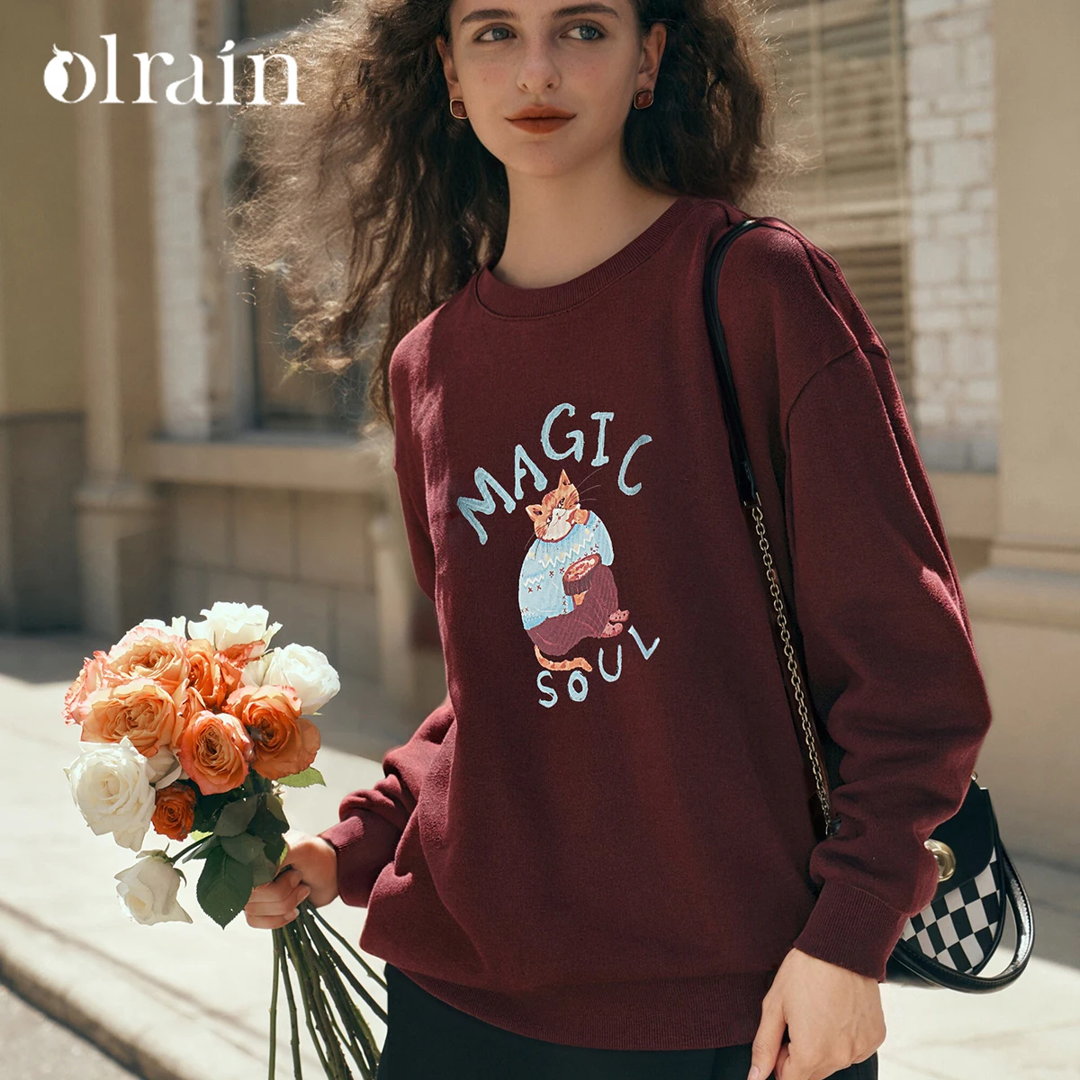 OLrain Women Funny Cartoon Print Sweatshirt 2026 Spring Autumn Casual Pullover Long Sleeve Oversize Graphic Tops O57DR002039