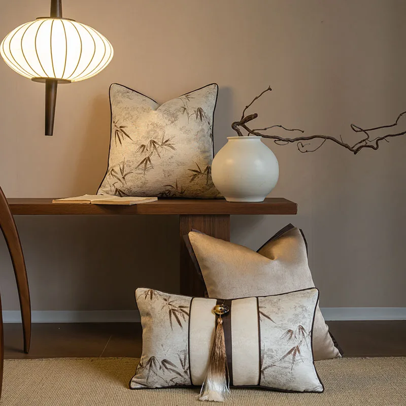 Neo-Chinese Ancient Style Bamboo Leaf Jacquard Pillowcase Tassel Cushion Cover Sofa Light Beige Coffee Lumbar Pillow Cover
