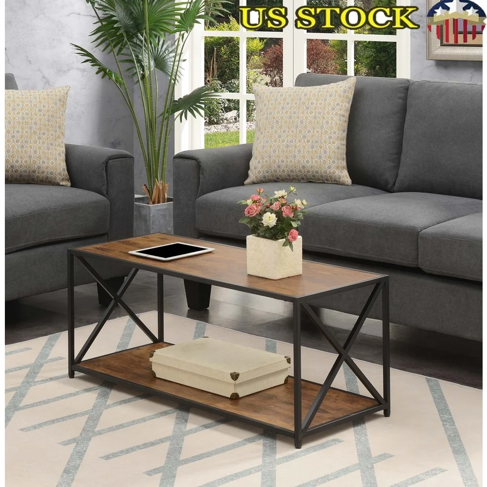 

Tucson Coffee Table with Shelf Modern Storage Solution 2 Tier Display Table Durable Particleboard Powder Coated Metal Furniture