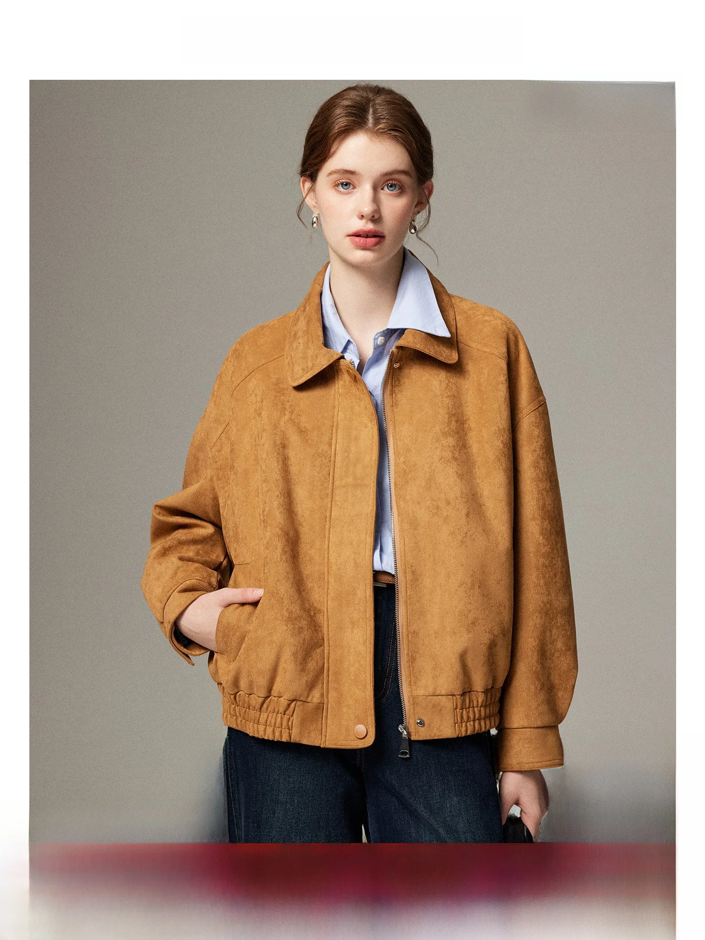 

Elegant Suede Jacket Women's Short Style 2026 Spring New Arrival Young Feel Quality Zipper Closure Long Sleeve Straight Cut Top