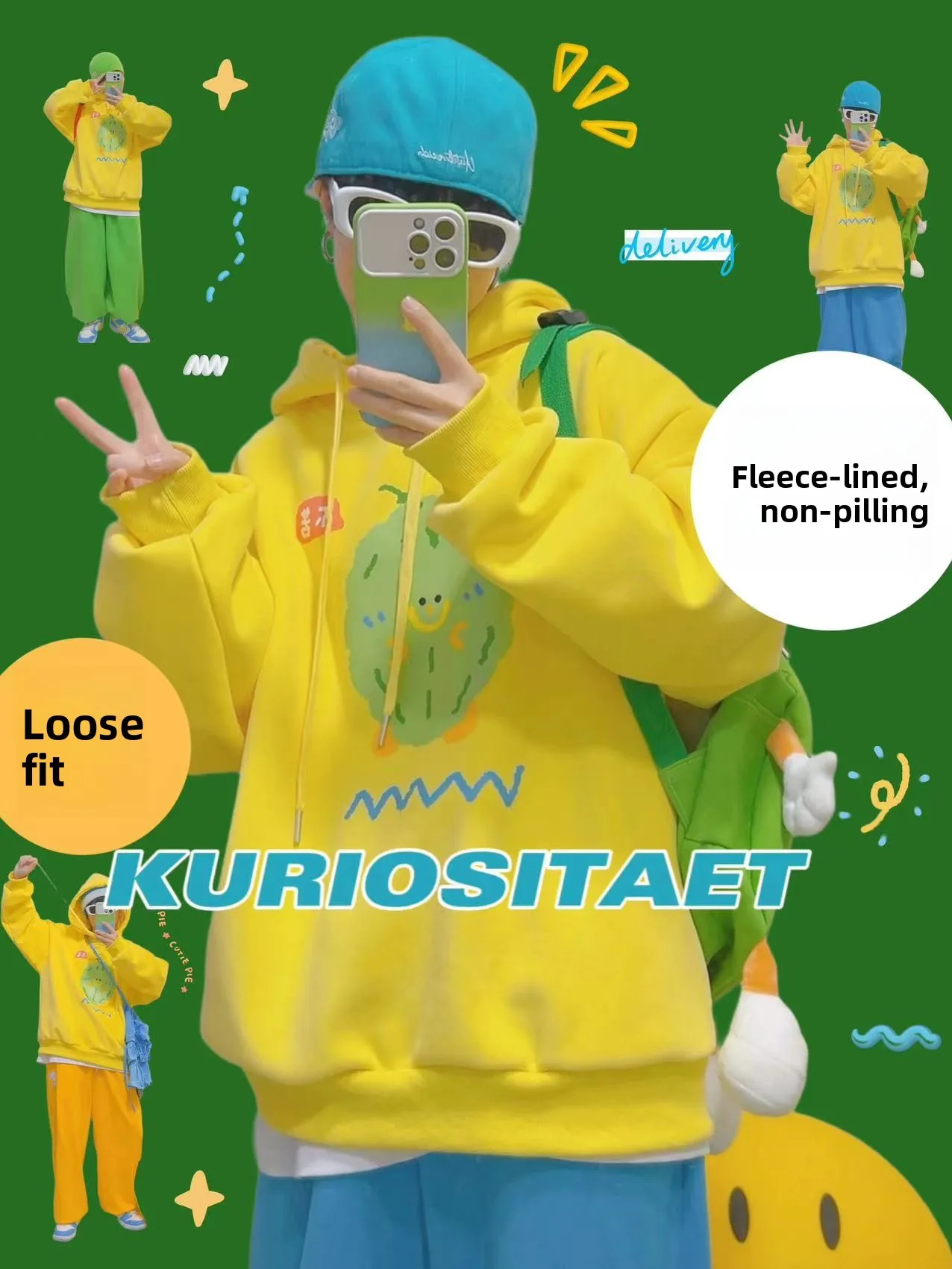 Original  Power King Yellow Hoodie Women's Autumn Winter Thickened Fleece Loose Youthful Trendy Student Couple Sweatshirt