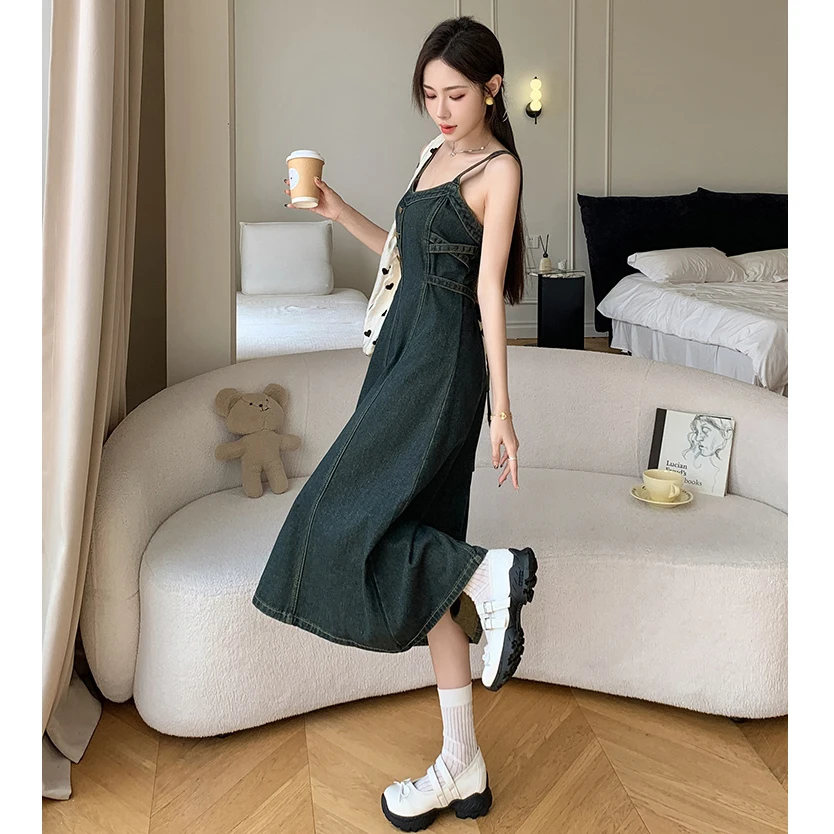 高度なセンスデニムスリングドレス女性の春夏の新サスペンダージーンズドレススリムハイウエストロングドレス Vestidos S-5XL