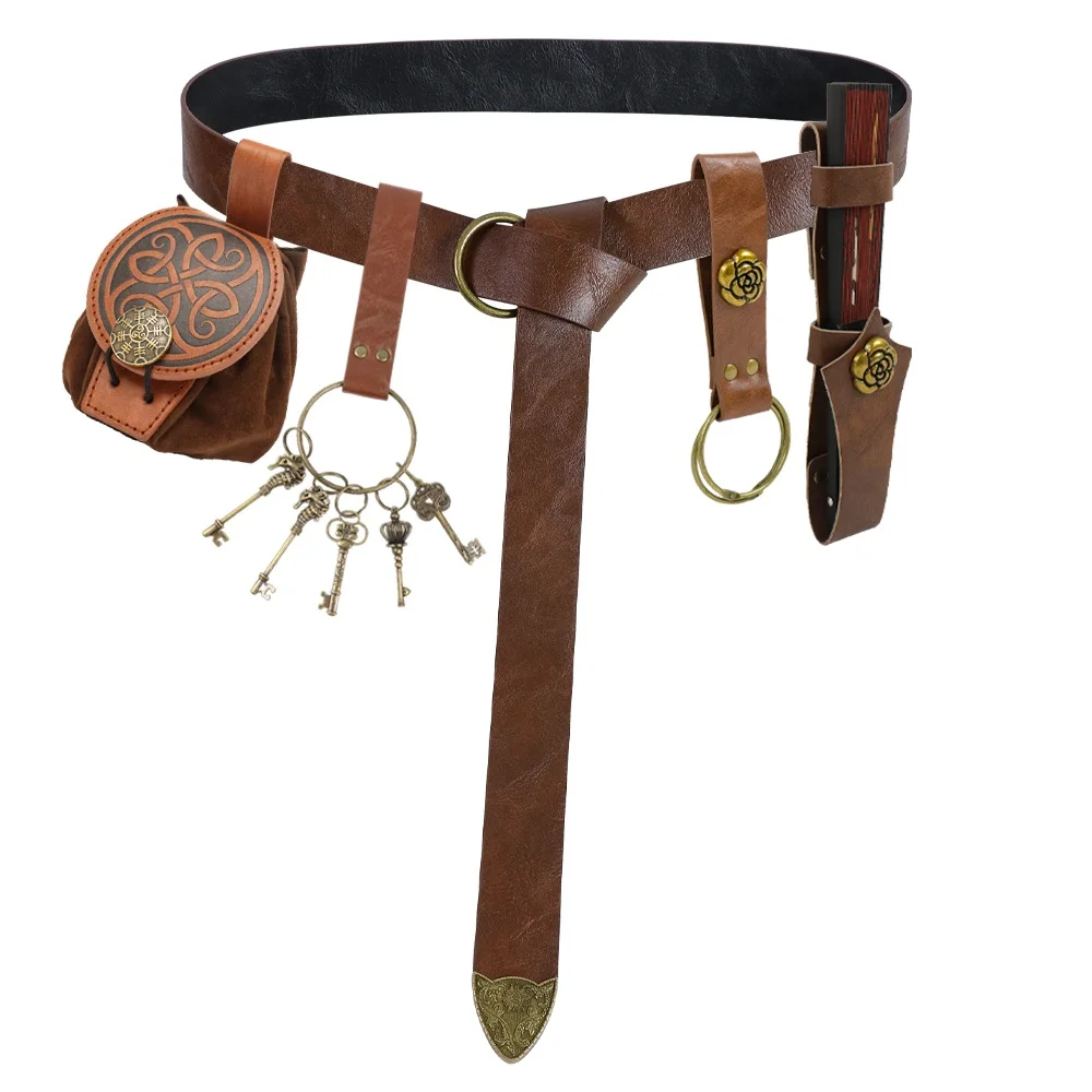 5-Piece Medieval Vintage Multi-Functional Belt Accessory Set | Detachable Suede Pouch, Fan Sleeve, Key Ring & Rose Charms, Unise