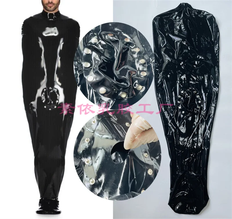 

Men latex gummi sleep bag with codpiece crotch hole no zip neck entry