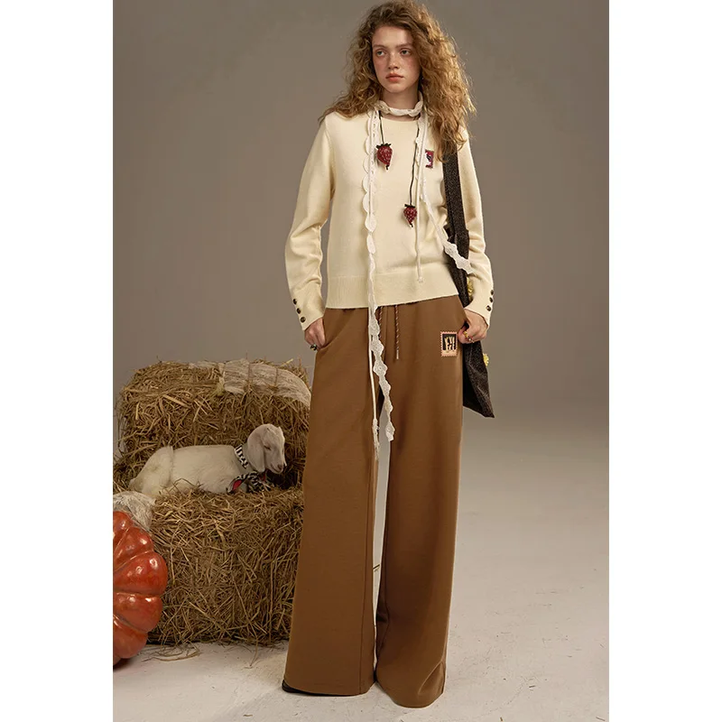 ELFSACK 2025 秋の新作 カジュアルスタンプ風プリント ドローストリング ワイドレッグ スウェットパンツ レディース