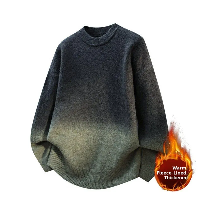 

Мужской вязаный свитер с круглым вырезом, утепленный, зимний, повседневный, модный, с градиентным цветом, из флиса и полиэфирного волокна, мягкий, теплый, с длинными рукавами
