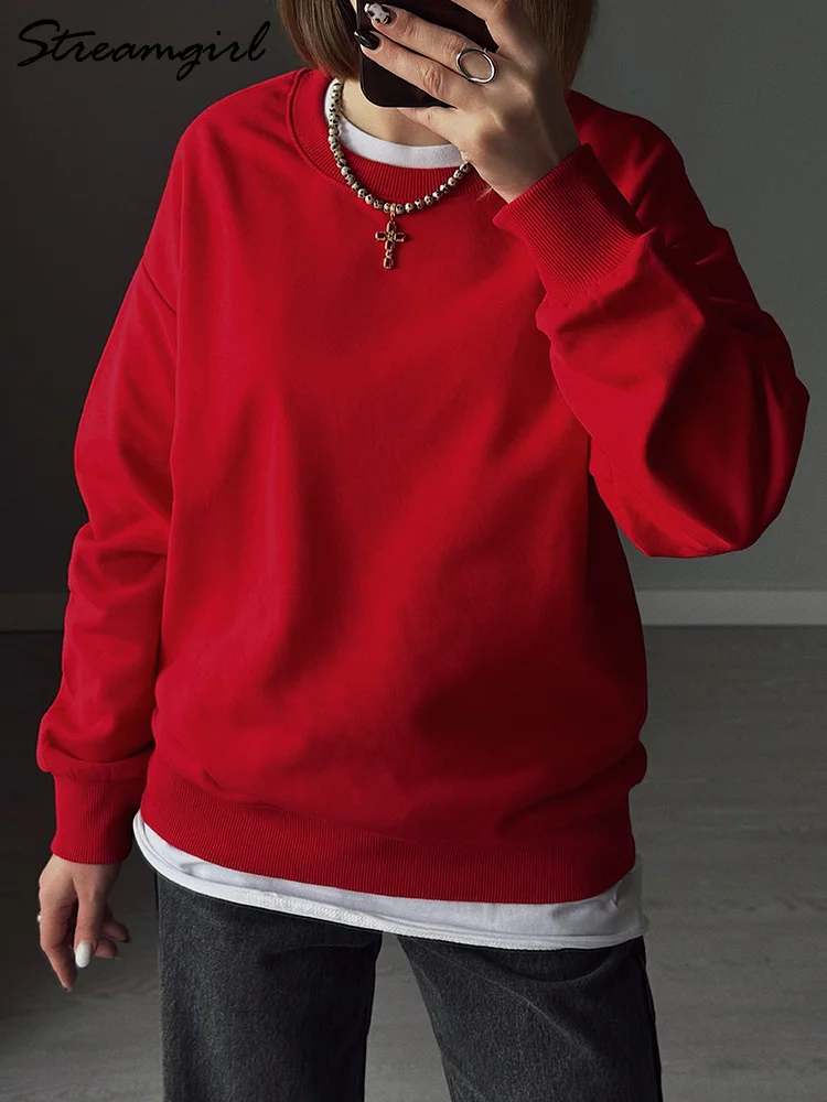 Women's Sweatshirt Sport Loose Fall Clothes Streetwear Pullover Oversized Crewneck Sweatshirt Black For Women Red Sweatshirts